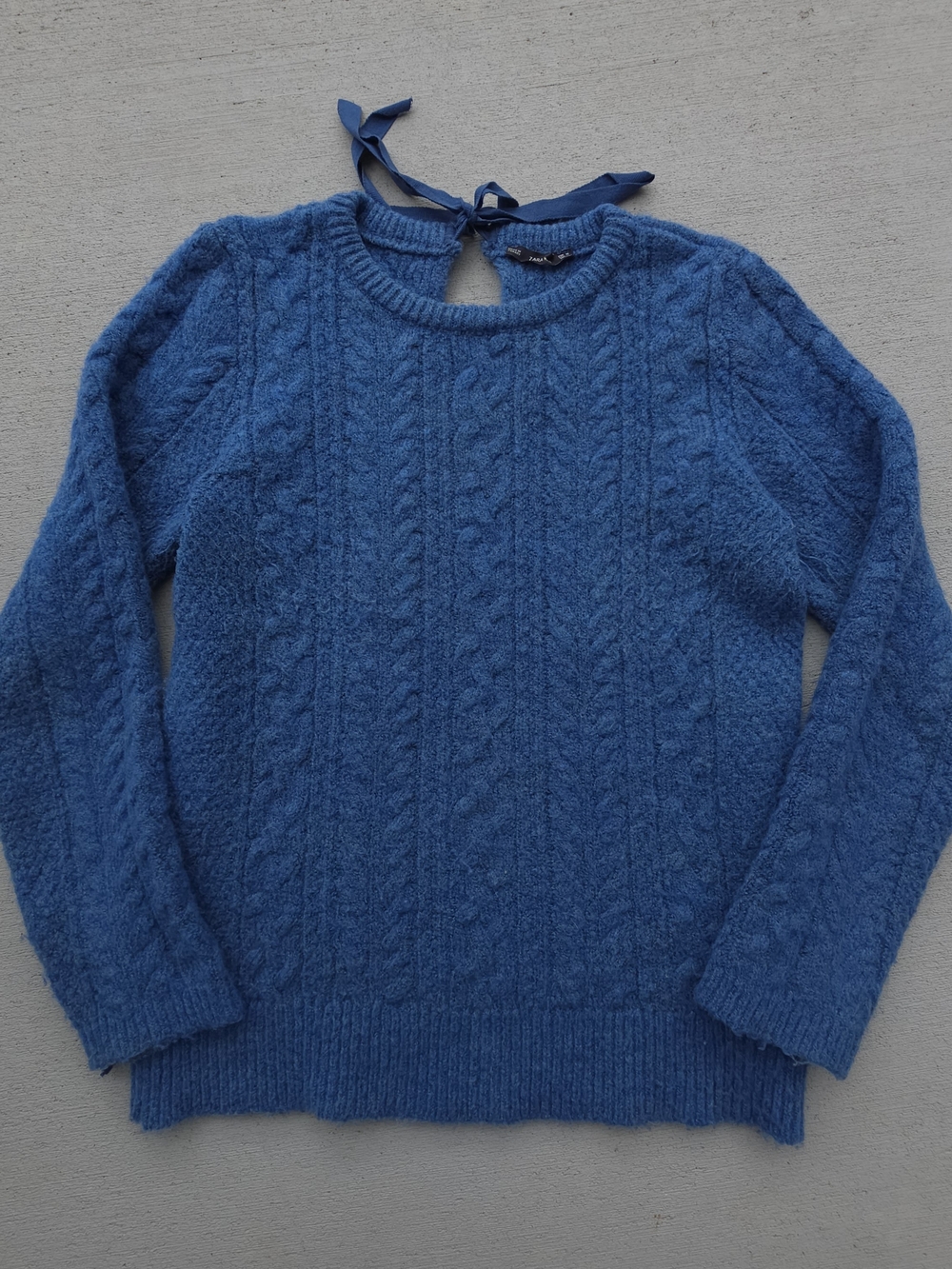 Zara Knit Blue Cable Knit Crewneck Sweater Womens Size Medium Tie Back Detail
